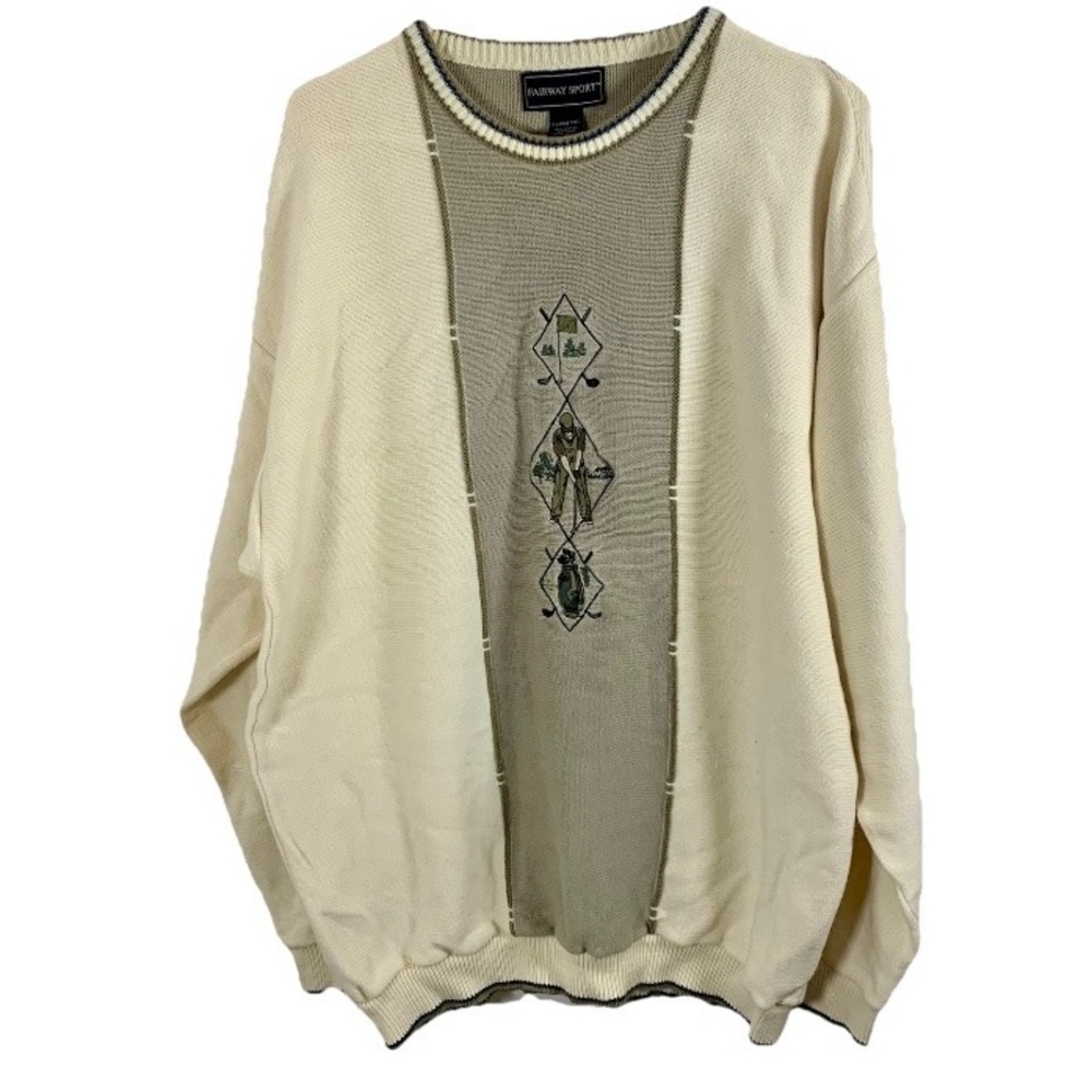 Vintage 90's Fairway Sport Golf Sweater Men XLT Tall Cotton Knit Beige‎ Retro